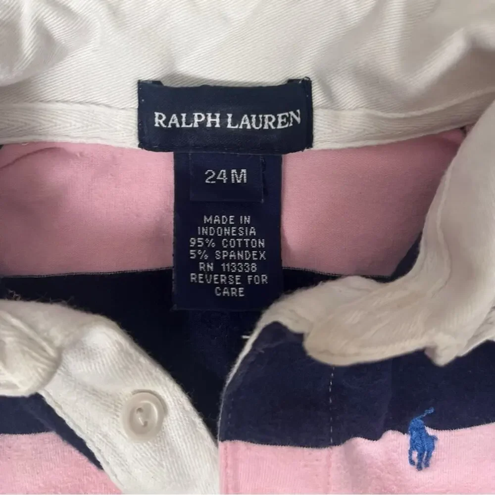 Ralph Lauren Striped Polo Shirt Baby Girls 24M Pink Blue Ruffle Collar Preppy